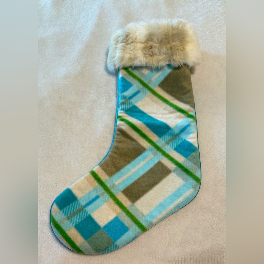 Old Navy Blue, White & Green Plaid Christmas Holiday Stocking Faux Fur Sequins - Picture 6 of 8